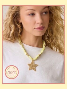 NWT Altar'd State Yellow Braided Scarf Necklace with Gold Star Charm gold beads